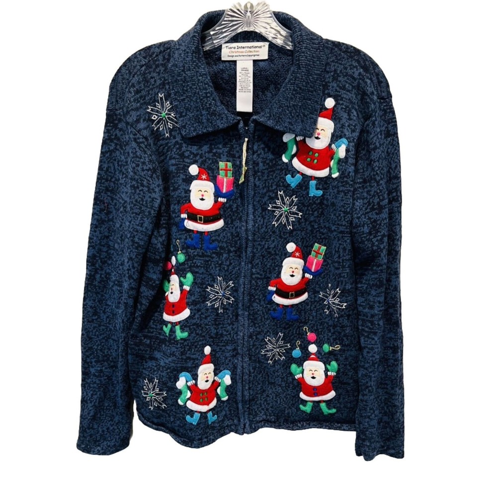 Tiara International Christmas Sweater Blue Sz Large Long Sleeve Zip Up Cardigan